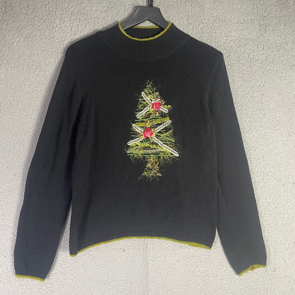 Vintage Talbots Women's Black Christmas L Tree Sweater Lime Trim Holiday Knit - Picture 2 of 10